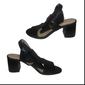 Women's Cole Haan Grand Size 8.5 Black Open Toe Leather Chunky Block Hee…